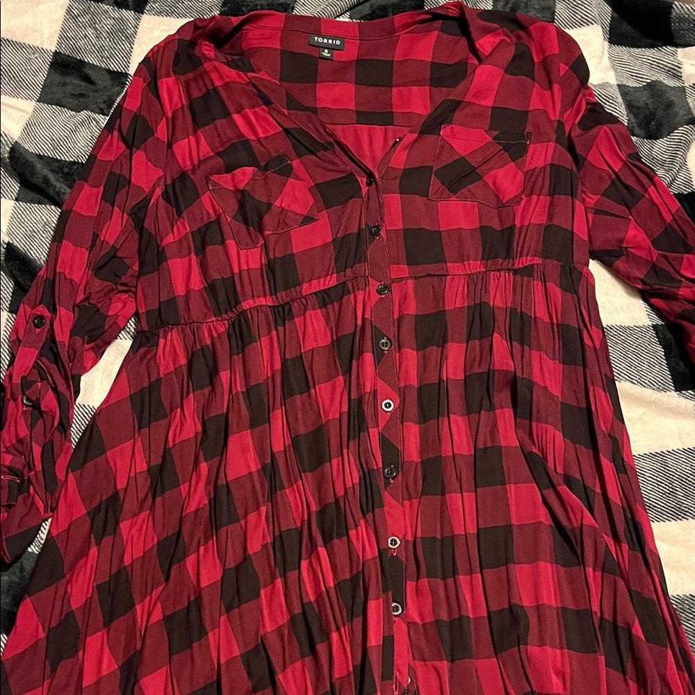 torrid Red and Black Plaid Button-Front Babydoll Dress